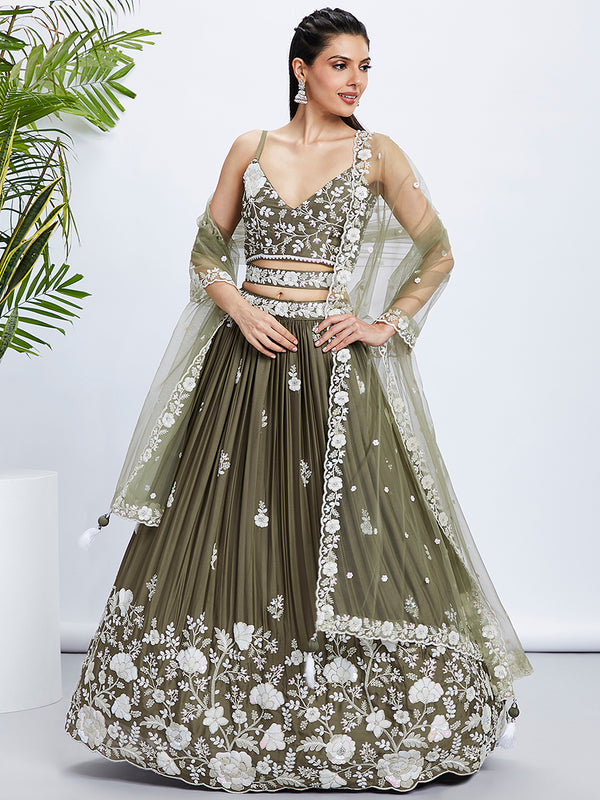 Olive Sequin & Threadwork Lehenga Choli Set ClothsVilla