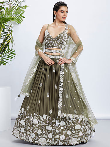 Olive Sequin & Threadwork Lehenga Choli Set ClothsVilla
