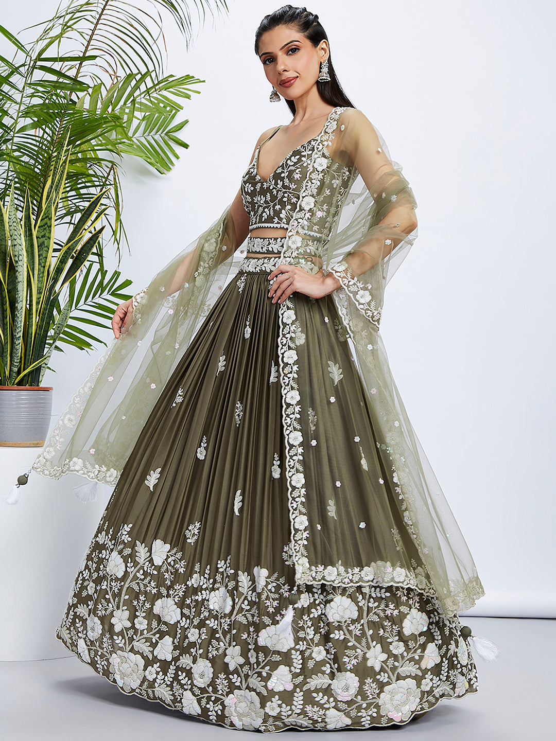Olive Sequin & Threadwork Lehenga Choli Set ClothsVilla