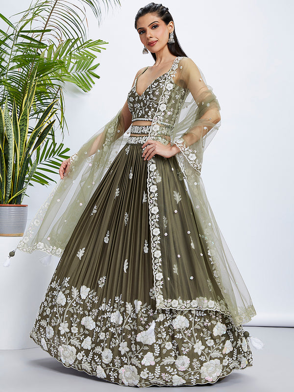 Olive Sequin & Threadwork Lehenga Choli Set ClothsVilla