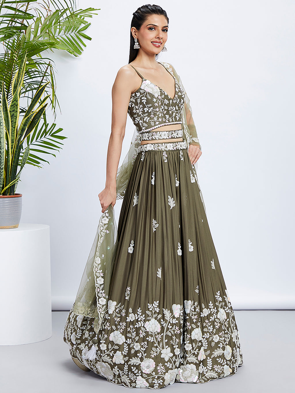 Olive Sequin & Threadwork Lehenga Choli Set ClothsVilla