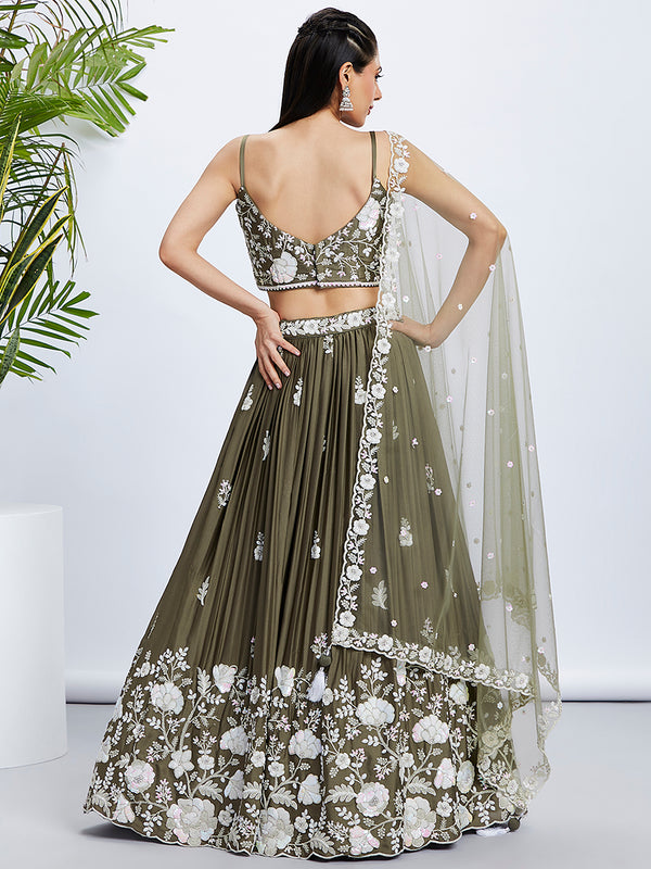 Olive Sequin & Threadwork Lehenga Choli Set ClothsVilla