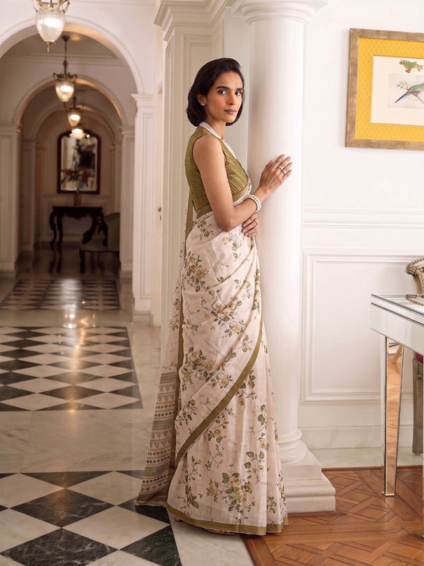 Olive Tasar Silk Floral Print Saree ClothsVilla