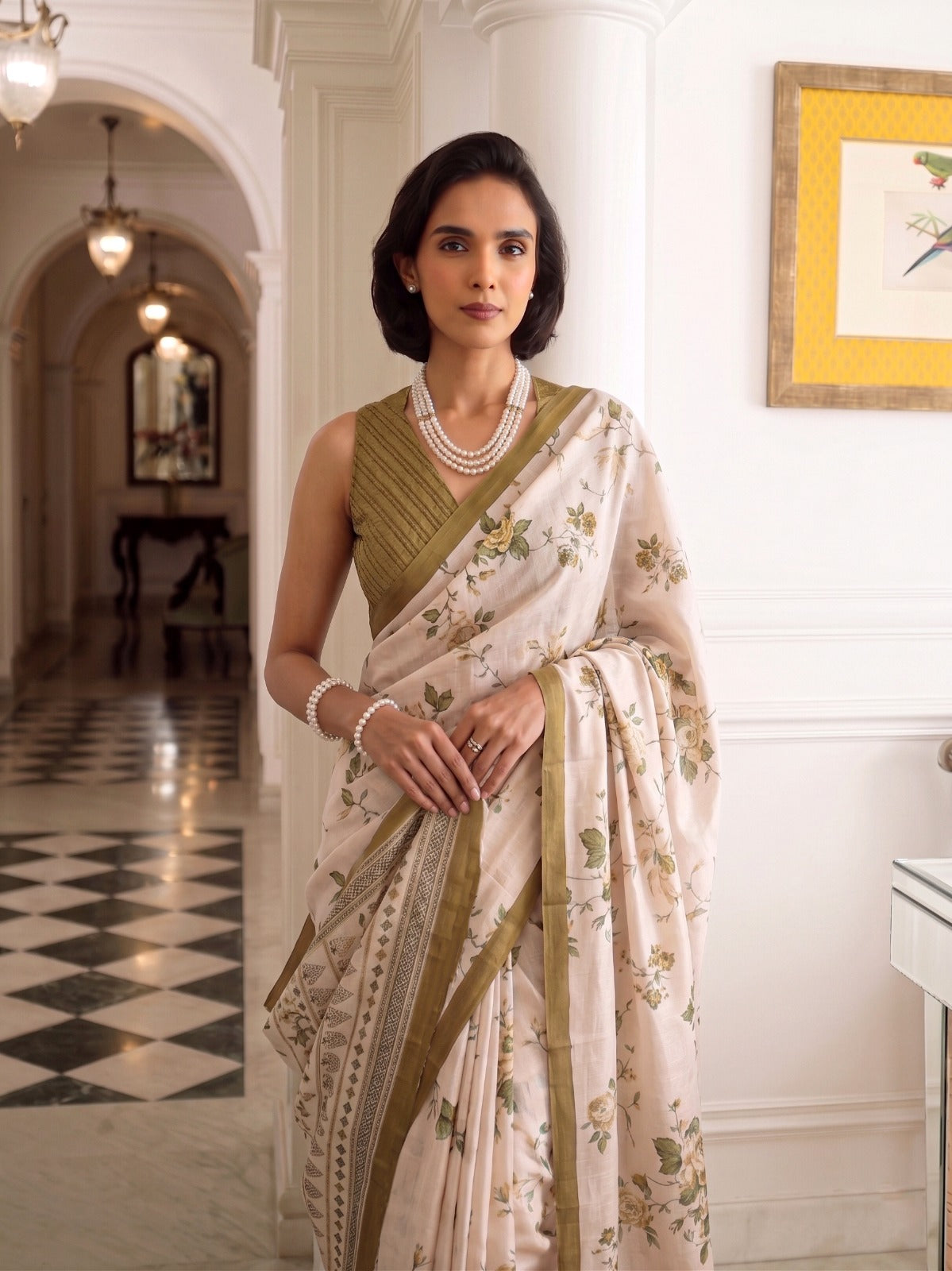 Olive Tasar Silk Floral Print Saree ClothsVilla