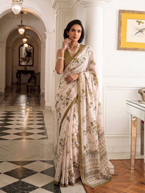 Olive Tasar Silk Floral Print Saree ClothsVilla Main image