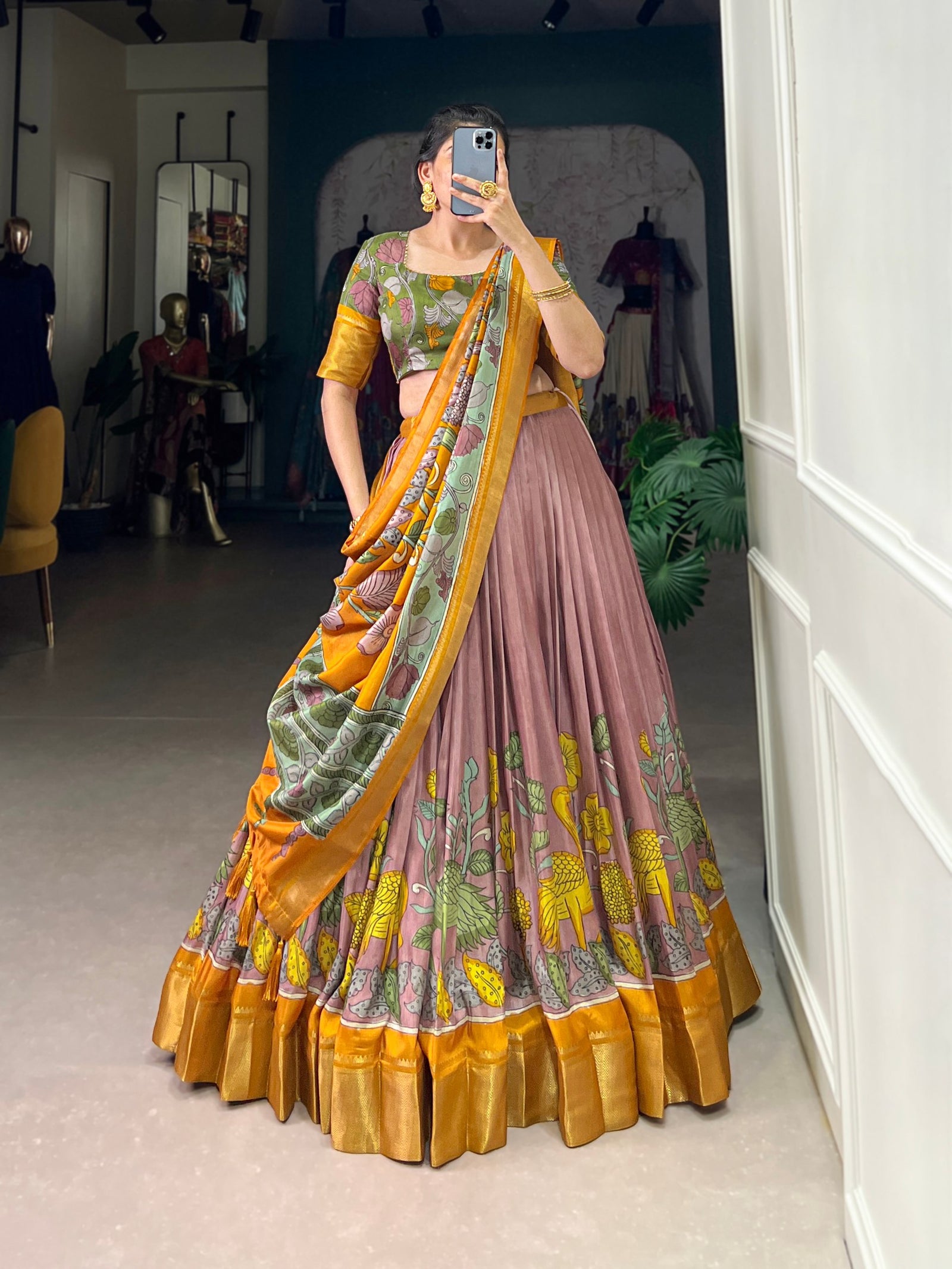 Onion Anusha Kalamkari Dola Silk Lehenga Set with Zari Weaving Border