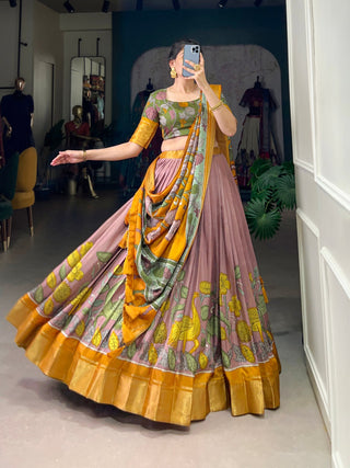 Onion Anusha Kalamkari Dola Silk Lehenga Set with Zari Weaving Border