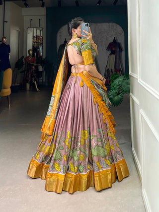 Onion Anusha Kalamkari Dola Silk Lehenga Set with Zari Weaving Border