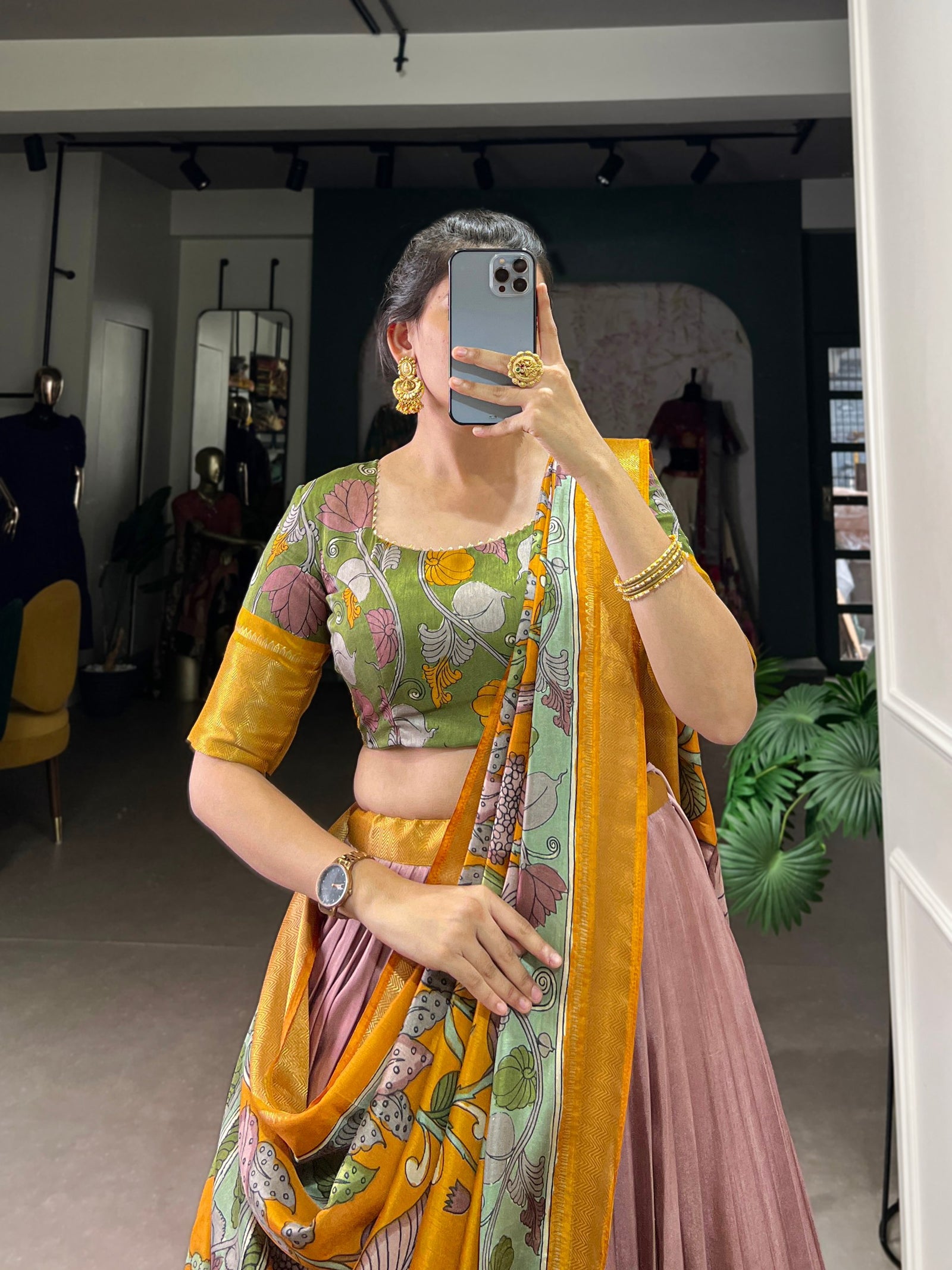 Onion Anusha Kalamkari Dola Silk Lehenga Set with Zari Weaving Border