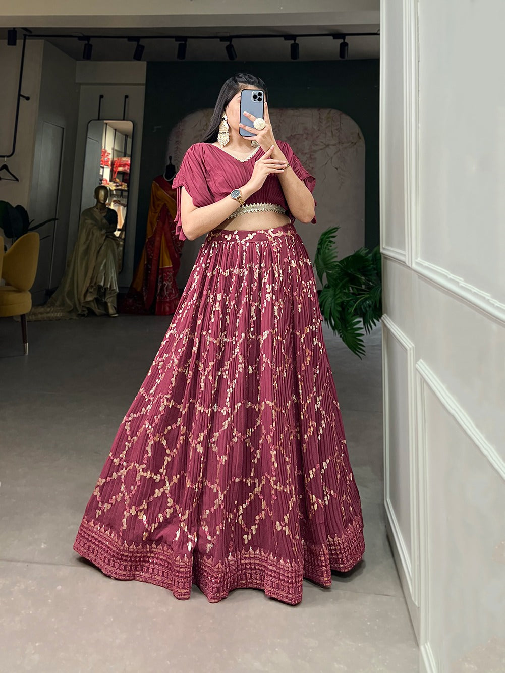 Onion Color Crushed Georgette Lehenga Choli Set with Sequin Embroidery ClothsVilla