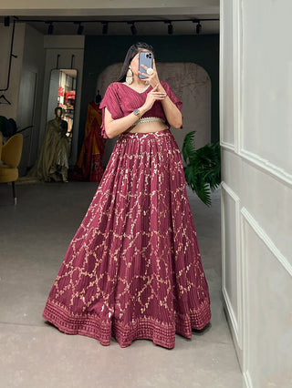 Onion Color Crushed Georgette Lehenga Choli Set with Sequin Embroidery ClothsVilla