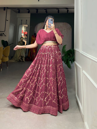 Onion Color Crushed Georgette Lehenga Choli Set with Sequin Embroidery ClothsVilla