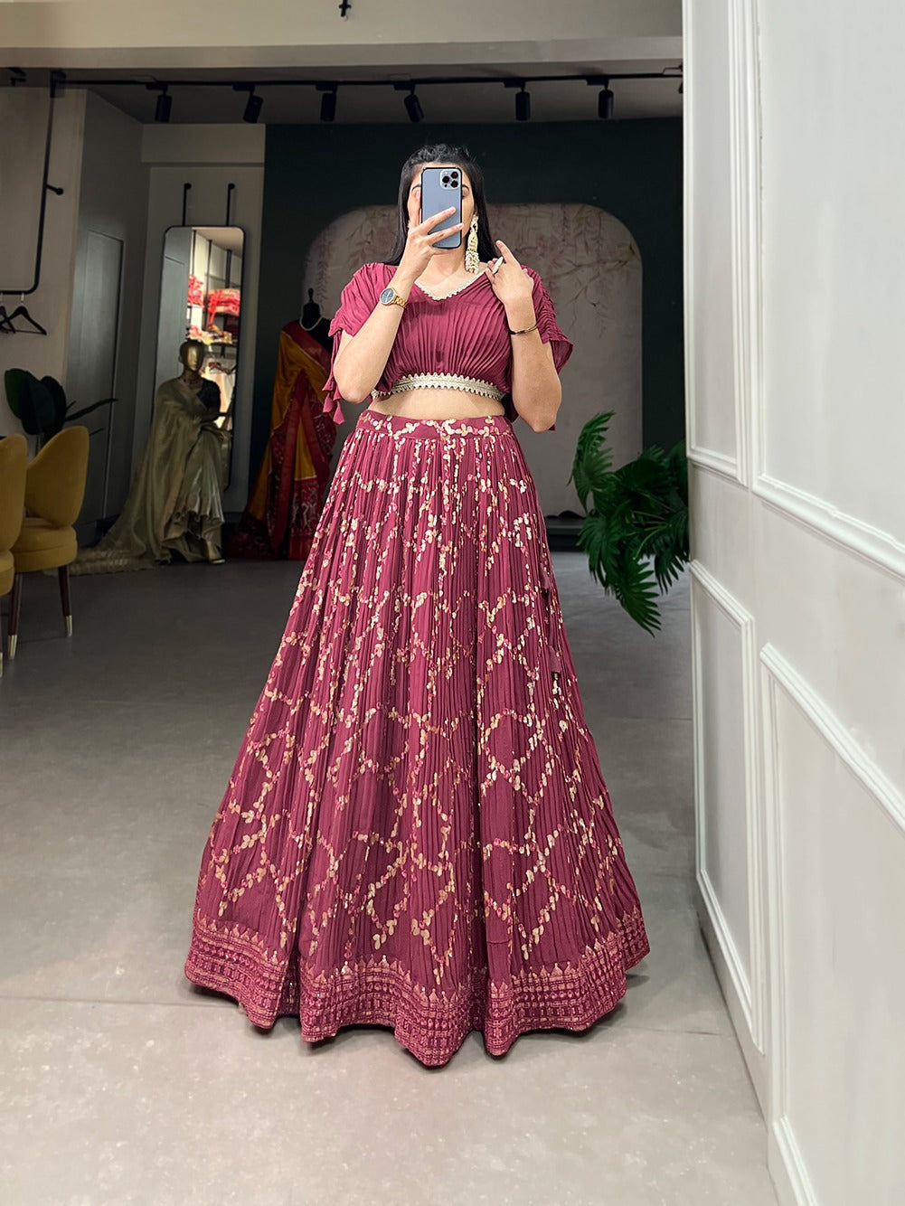 Onion Color Crushed Georgette Lehenga Choli Set with Sequin Embroidery ClothsVilla
