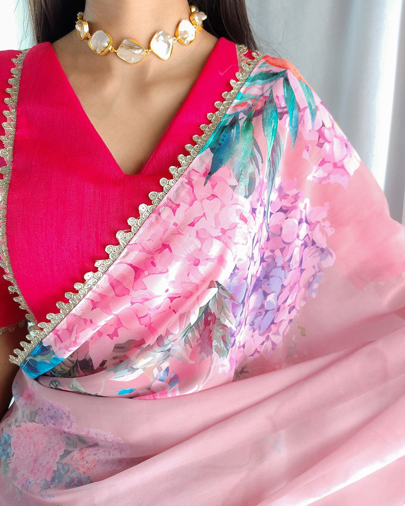 Onion Color Floral Printed Georgette Saree with Sequins and Lace ClothsVilla