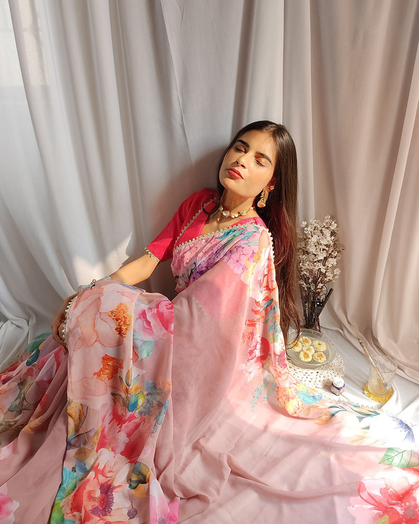 Onion Color Floral Printed Georgette Saree with Sequins and Lace ClothsVilla