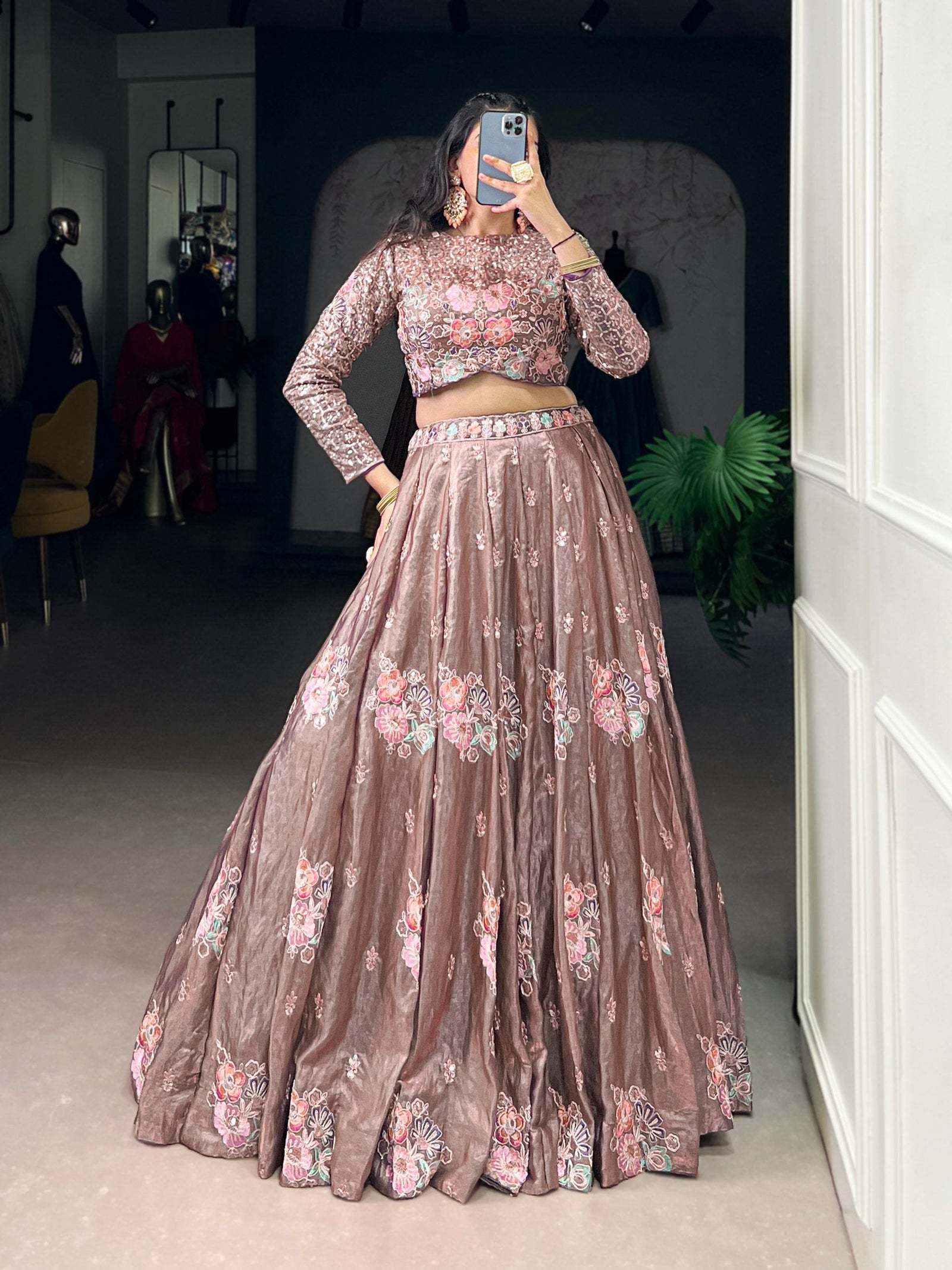 Onion Elegant Fendi Fabric Sequins & Thread Embroidered Lehenga Set – Designer 4.4-Meter Flair Stitched Lehenga with Unstitched Blouse ClothsVilla