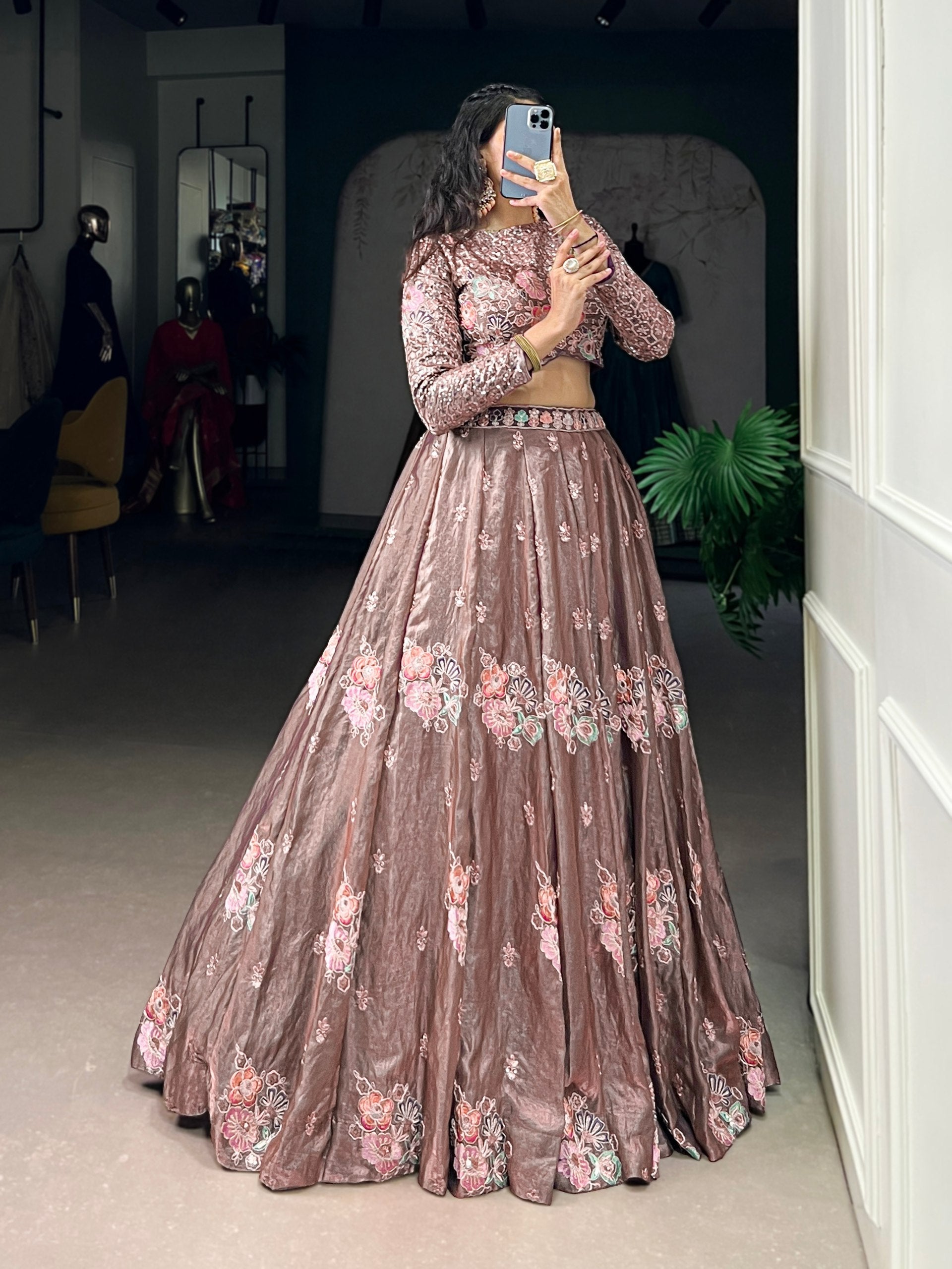 Onion Elegant Fendi Fabric Sequins & Thread Embroidered Lehenga Set – Designer 4.4-Meter Flair Stitched Lehenga with Unstitched Blouse ClothsVilla