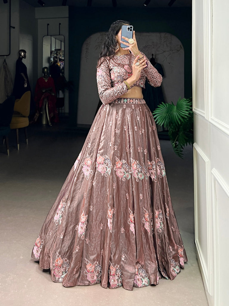 Onion Elegant Fendi Fabric Sequins & Thread Embroidered Lehenga Set – Designer 4.4-Meter Flair Stitched Lehenga with Unstitched Blouse ClothsVilla