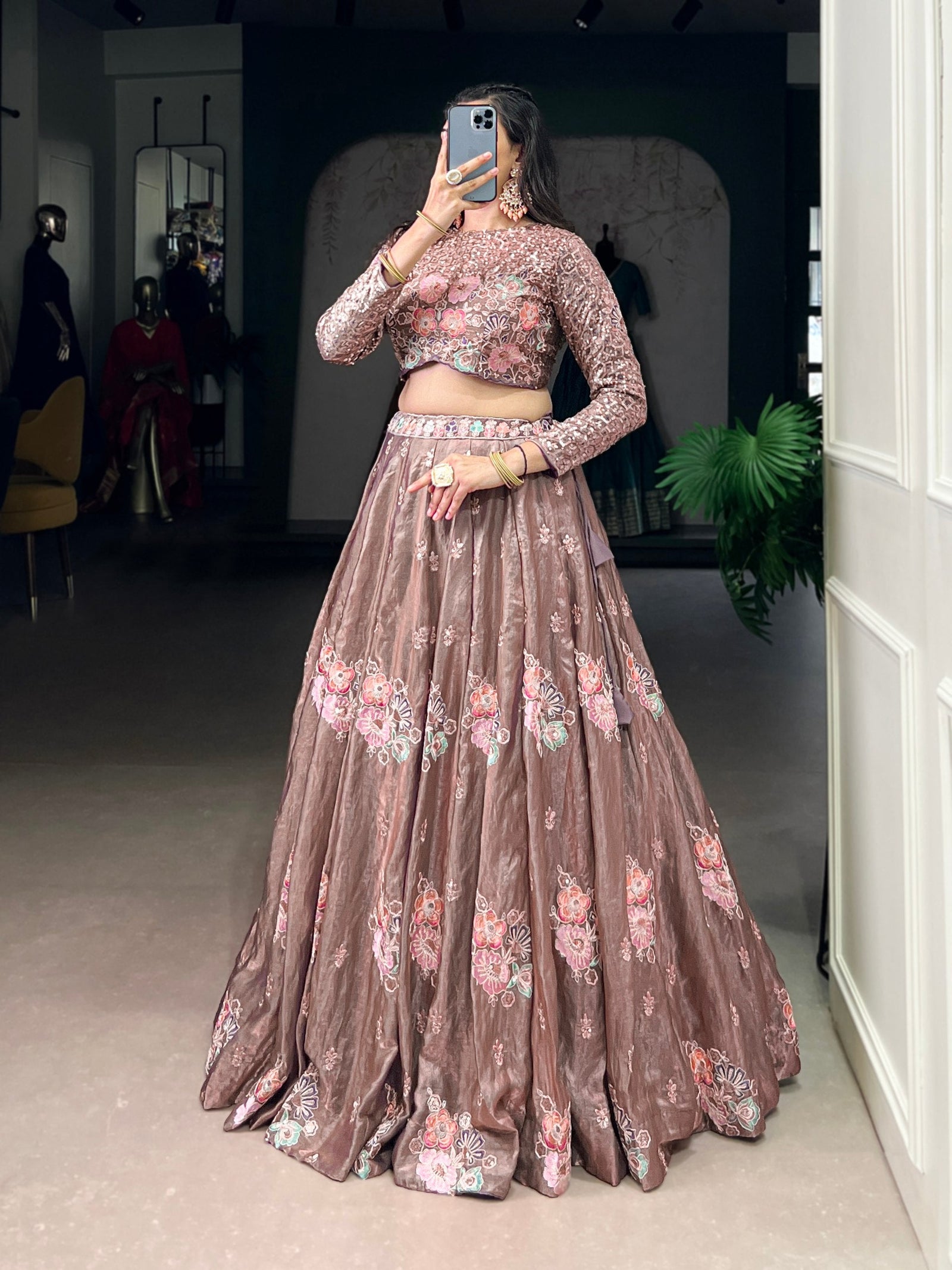 Onion Elegant Fendi Fabric Sequins & Thread Embroidered Lehenga Set – Designer 4.4-Meter Flair Stitched Lehenga with Unstitched Blouse ClothsVilla