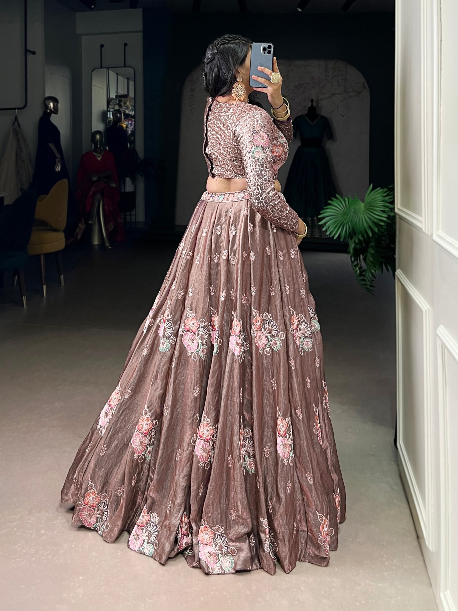 Onion Elegant Fendi Fabric Sequins & Thread Embroidered Lehenga Set – Designer 4.4-Meter Flair Stitched Lehenga with Unstitched Blouse ClothsVilla