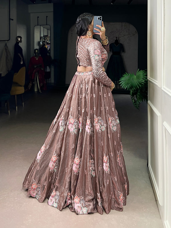 Onion Elegant Fendi Fabric Sequins & Thread Embroidered Lehenga Set – Designer 4.4-Meter Flair Stitched Lehenga with Unstitched Blouse ClothsVilla