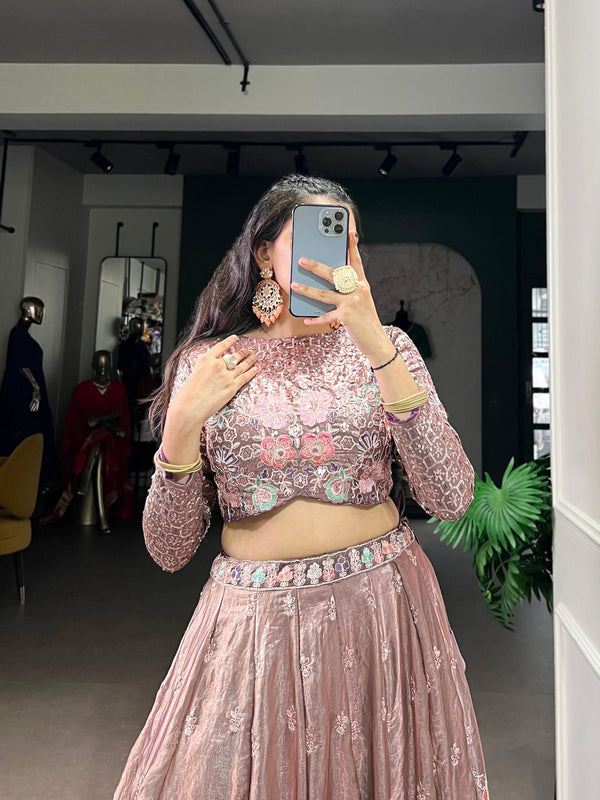 Onion Elegant Fendi Fabric Sequins & Thread Embroidered Lehenga Set – Designer 4.4-Meter Flair Stitched Lehenga with Unstitched Blouse ClothsVilla