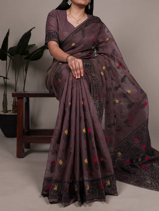 Onion Elegant Poly Cotton Thread-Weaving Saree with Matching Unstitched Blouse – Lightweight Traditional Daily & Festive Wear ClothsVilla