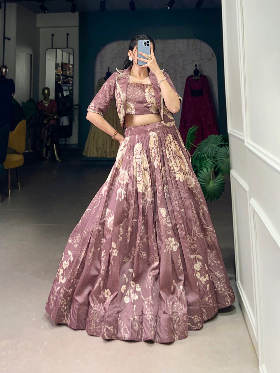 Onion Elegant Tussar Silk Floral Co-ord Set – Lehenga, Blouse & Koti
