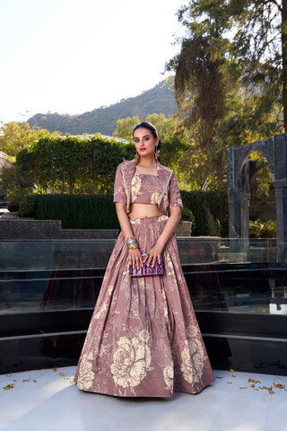 Onion Elegant Tussar Silk Floral Co-ord Set – Lehenga, Blouse & Koti ClothsVilla