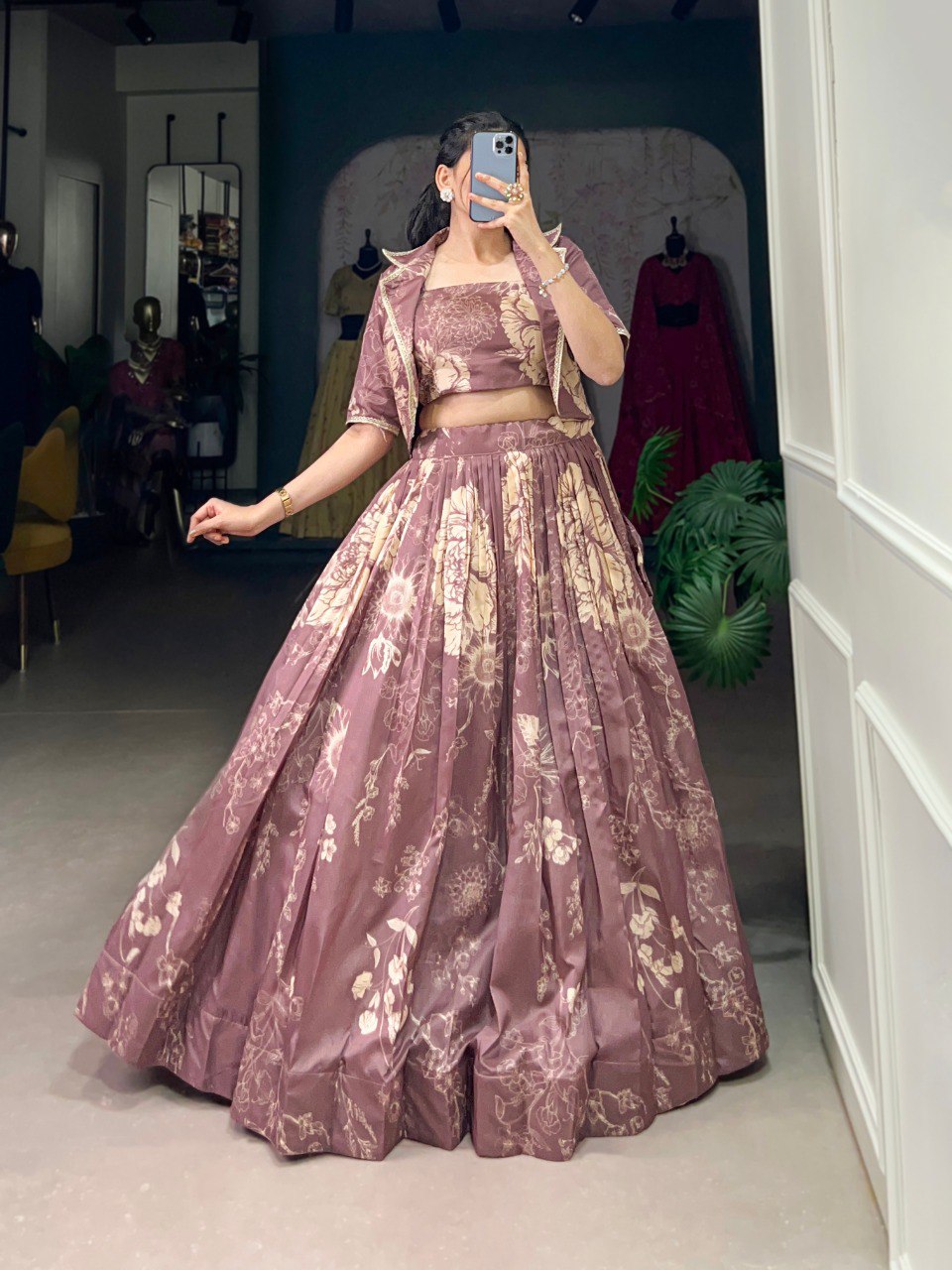 Onion Elegant Tussar Silk Floral Co-ord Set – Lehenga, Blouse & Koti