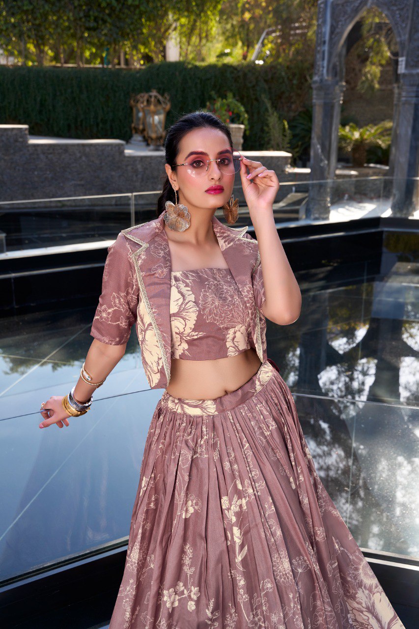 Onion Elegant Tussar Silk Floral Co-ord Set – Lehenga, Blouse & Koti ClothsVilla