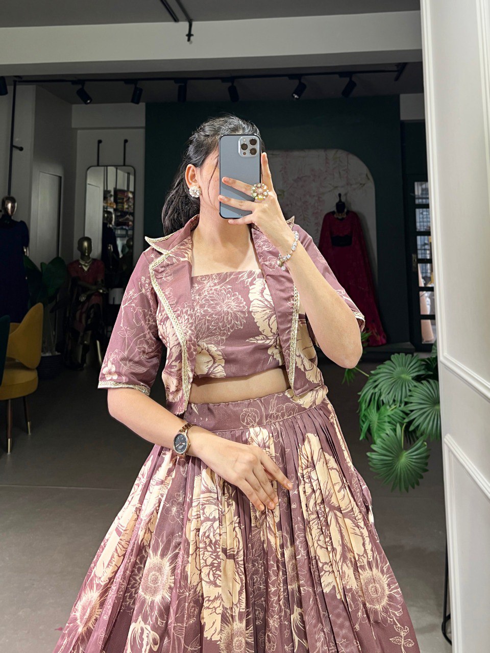 Onion Elegant Tussar Silk Floral Co-ord Set – Lehenga, Blouse & Koti