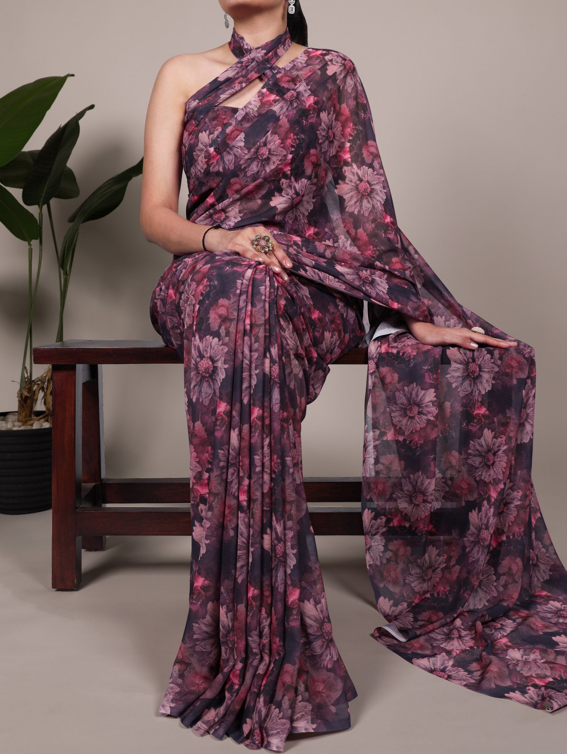 Onion Elegant Weightless Marbal Floral Print Saree with Matching Blouse – Unstitched Ensemble ClothsVilla Main image