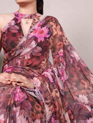 Onion Floral Printed Weightless Marble Saree with Lace Border & Matching Blouse ClothsVilla