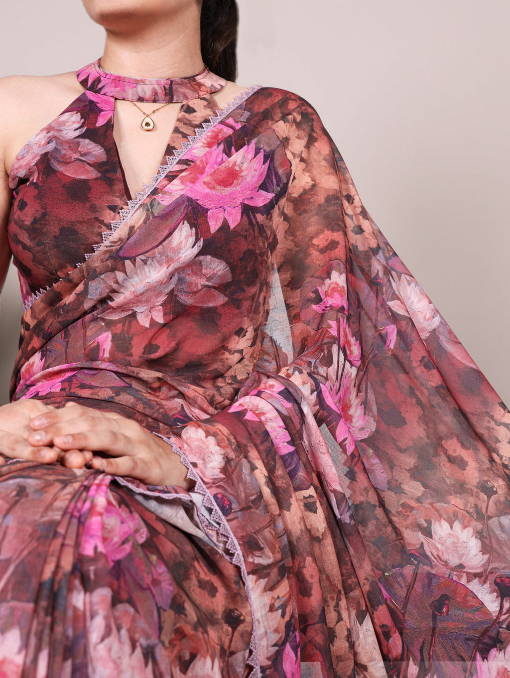 Onion Floral Printed Weightless Marble Saree with Lace Border & Matching Blouse ClothsVilla
