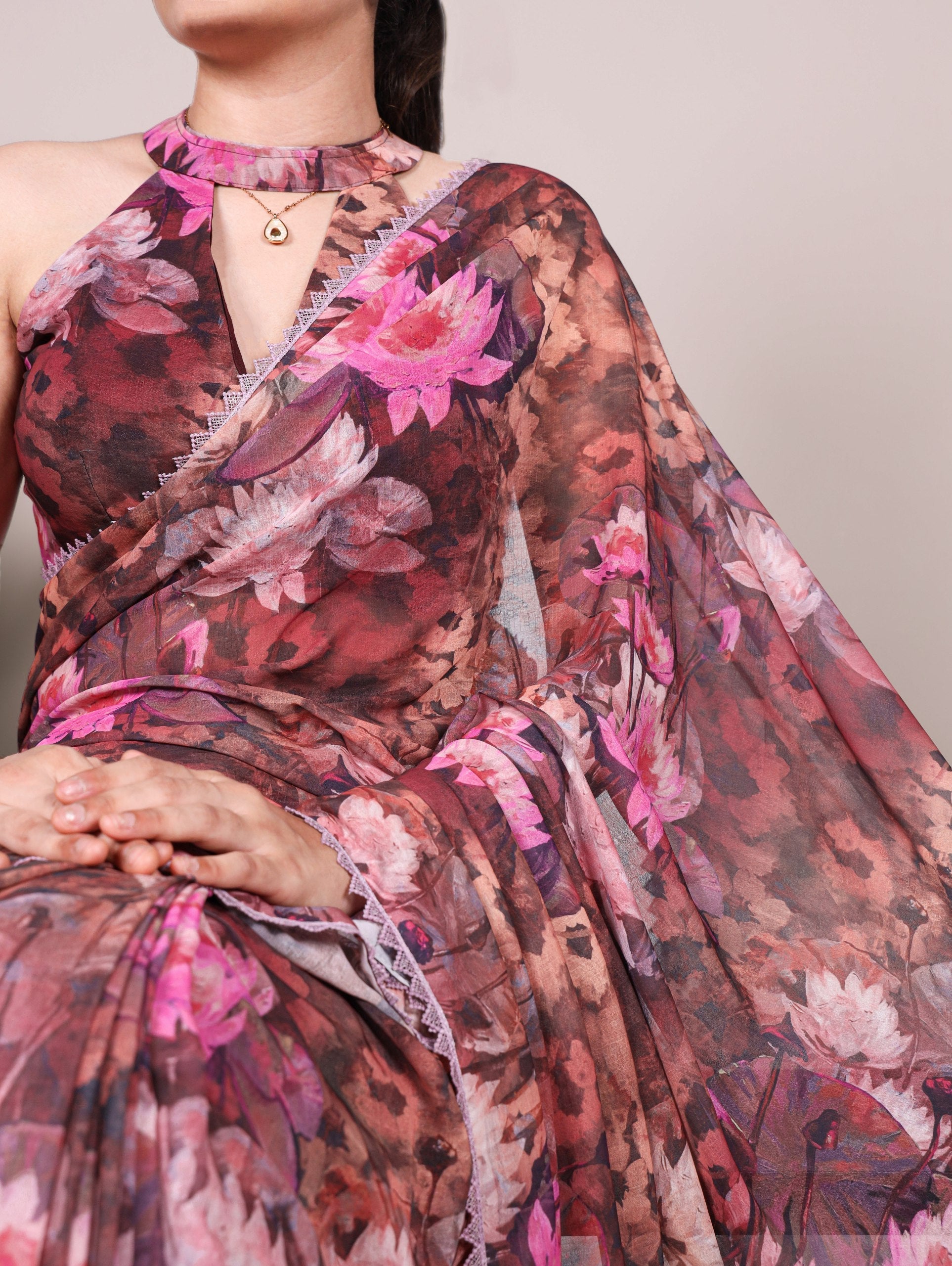 Onion Floral Printed Weightless Marble Saree with Lace Border & Matching Blouse ClothsVilla