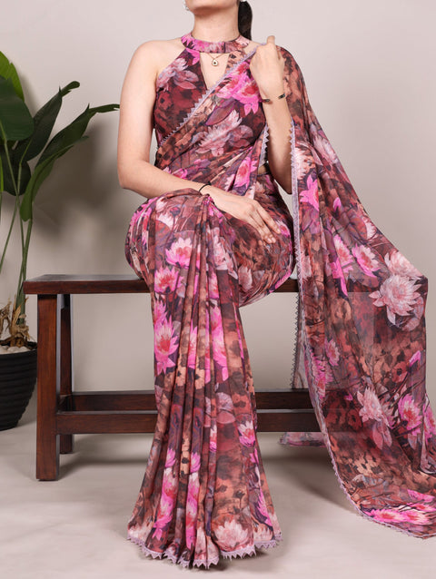 Onion Floral Printed Weightless Marble Saree with Lace Border & Matching Blouse ClothsVilla Main image