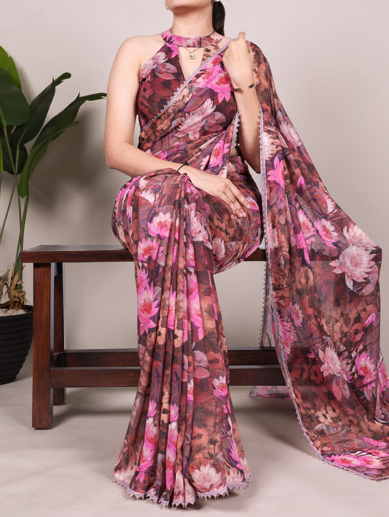 Onion Floral Printed Weightless Marble Saree with Lace Border & Matching Blouse ClothsVilla