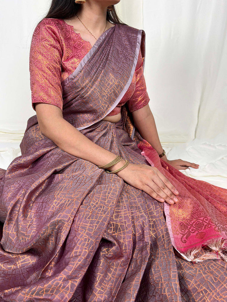 Onion Handwoven Kanchipuram Zari Weaving Saree with Unstitched Blouse Piece ClothsVilla