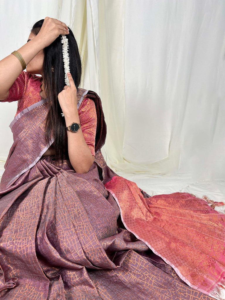 Onion Handwoven Kanchipuram Zari Weaving Saree with Unstitched Blouse Piece ClothsVilla