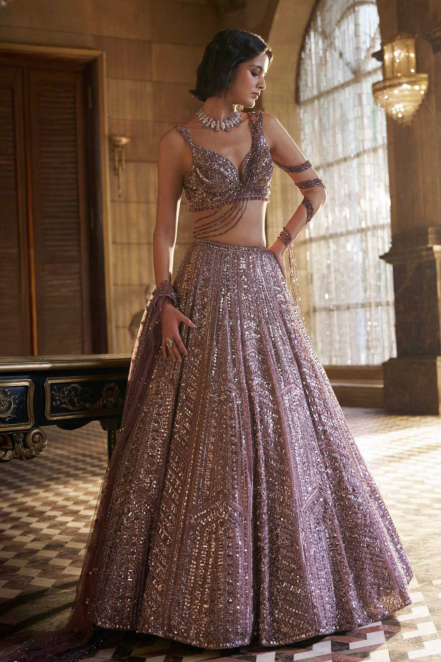 Onion Kasturi Silk Embroidered Lehenga Set ClothsVilla