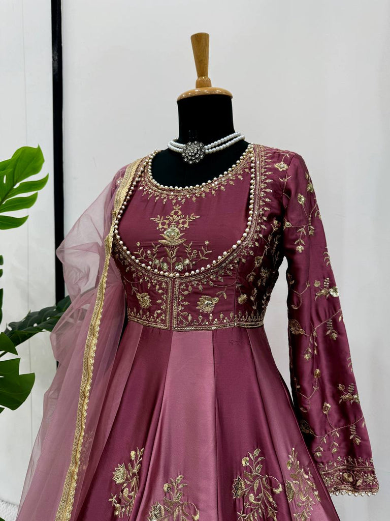 Onion Pink Japan Satin Anarkali with Sequins Work & Butterfly Net Dupatta ClothsVilla