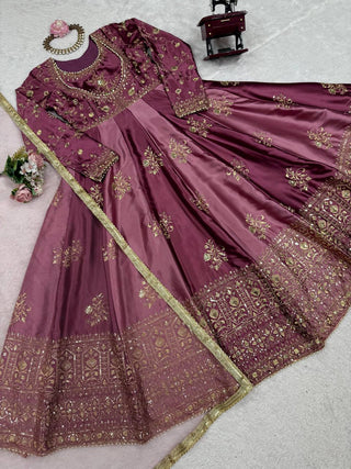 Onion Pink Japan Satin Anarkali with Sequins Work & Butterfly Net Dupatta ClothsVilla