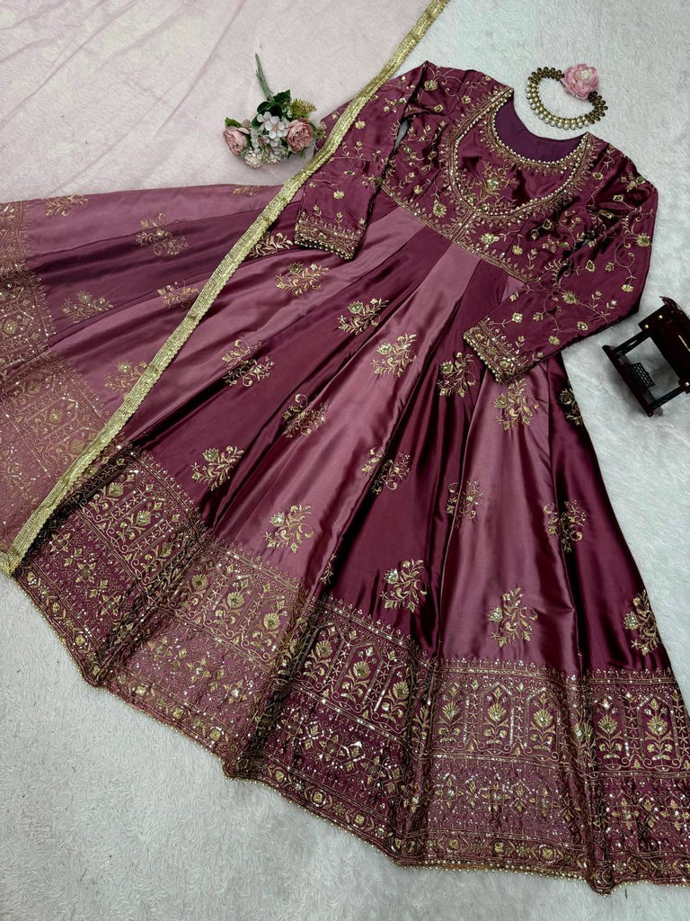 Onion Pink Japan Satin Anarkali with Sequins Work & Butterfly Net Dupatta ClothsVilla