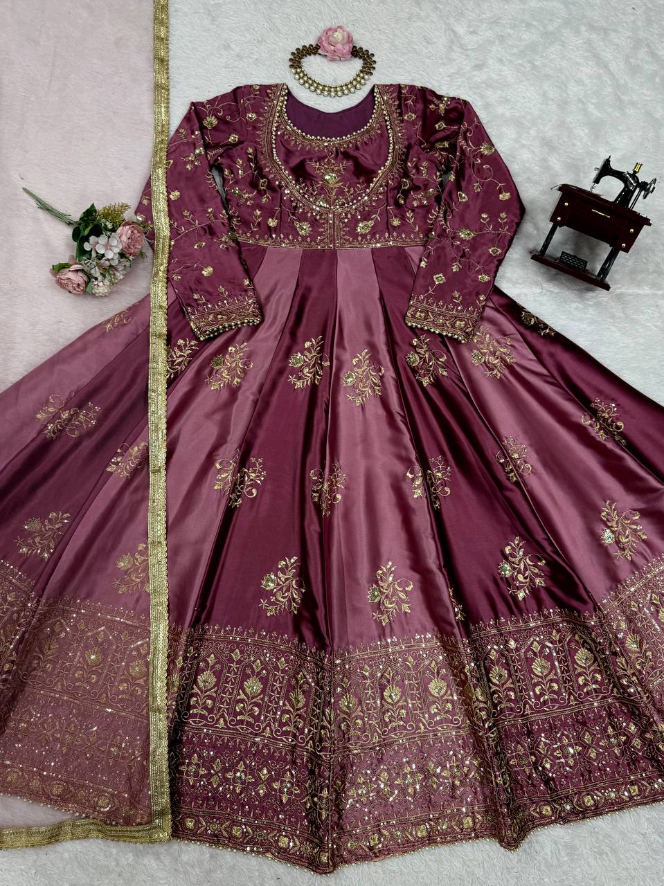 Onion Pink Japan Satin Anarkali with Sequins Work & Butterfly Net Dupatta ClothsVilla