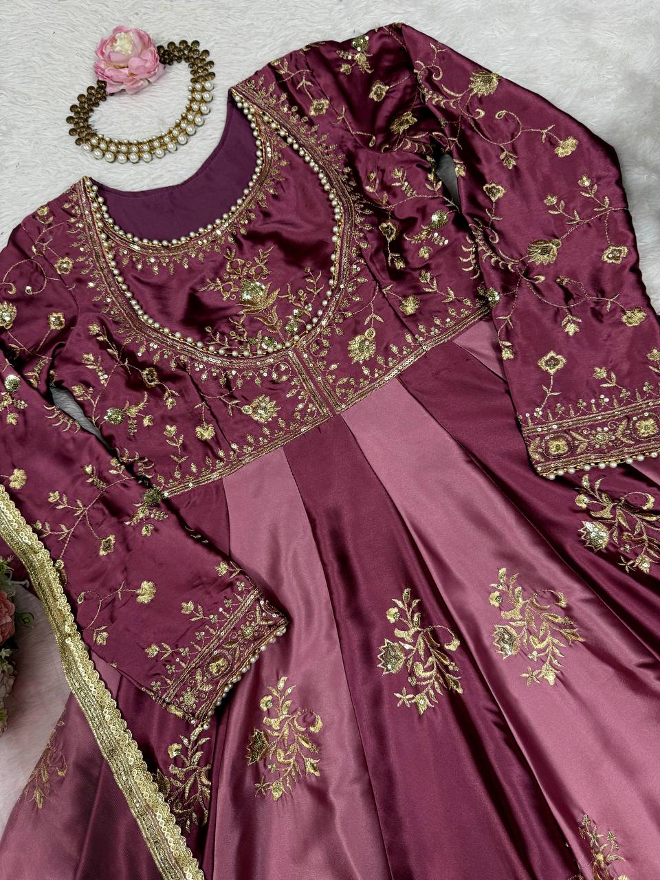 Onion Pink Japan Satin Anarkali with Sequins Work & Butterfly Net Dupatta ClothsVilla