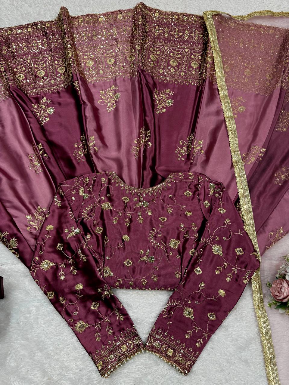 Onion Pink Japan Satin Anarkali with Sequins Work & Butterfly Net Dupatta ClothsVilla