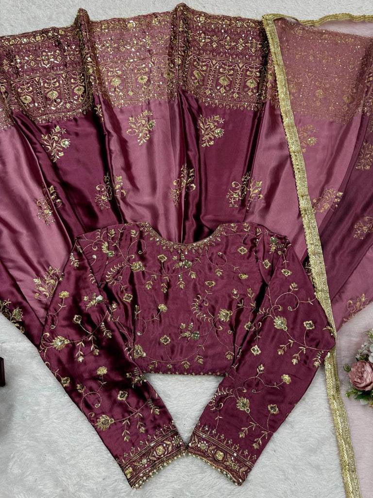 Onion Pink Japan Satin Anarkali with Sequins Work & Butterfly Net Dupatta ClothsVilla