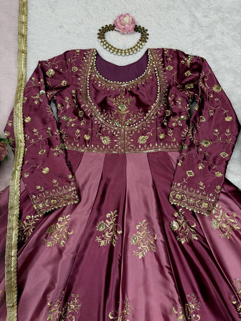 Onion Pink Japan Satin Anarkali with Sequins Work & Butterfly Net Dupatta ClothsVilla