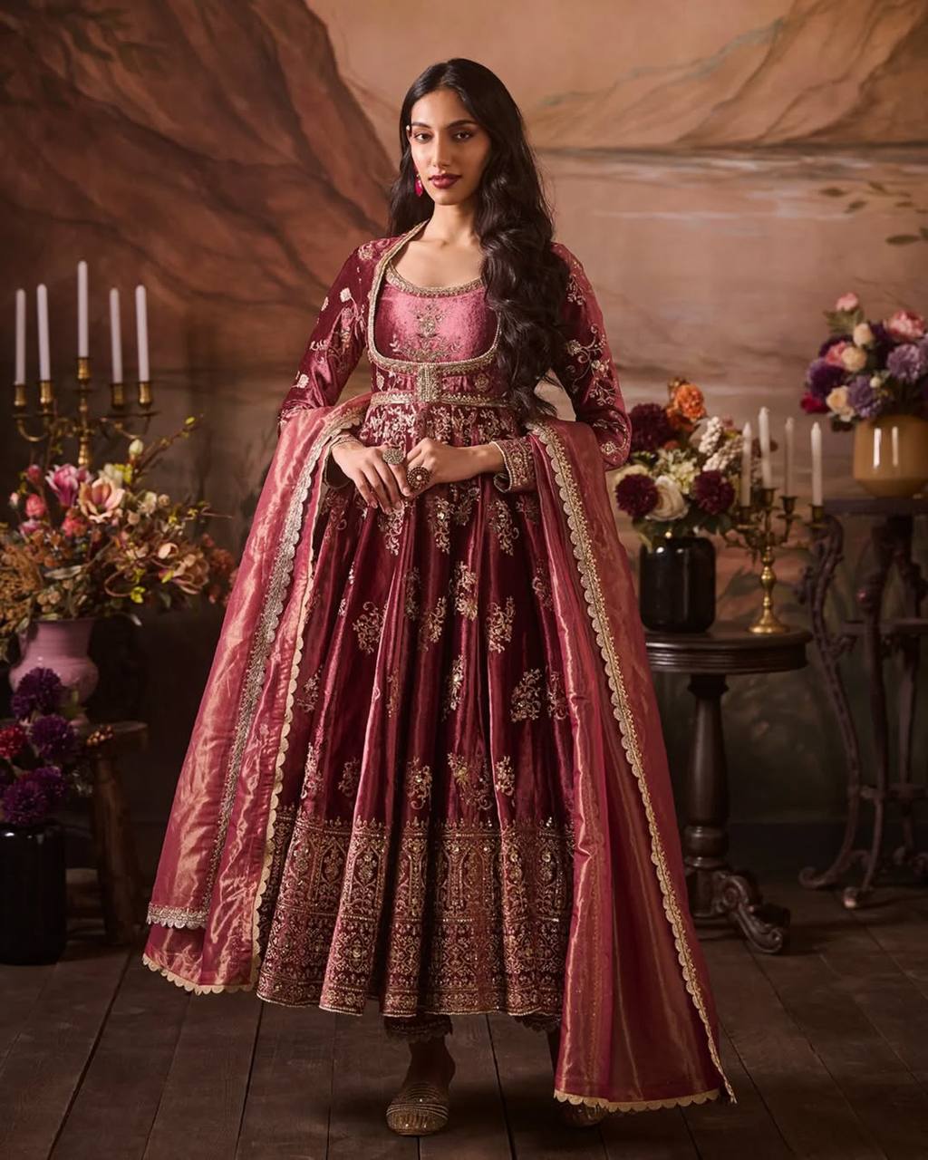 Onion Pink Japan Satin Anarkali with Sequins Work & Butterfly Net Dupatta ClothsVilla